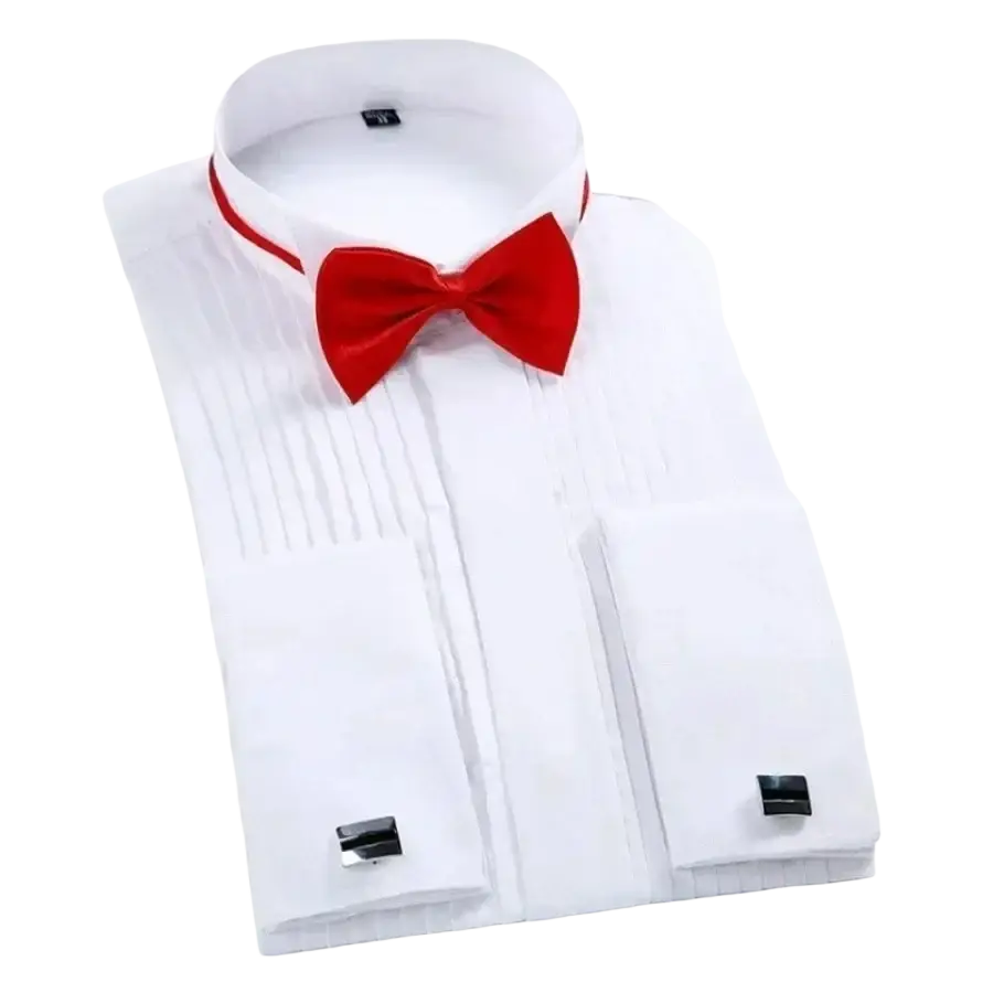 White pleated slim fit tuxedo shirt with red velvet bow tie and black cufflinks for wedding party club events