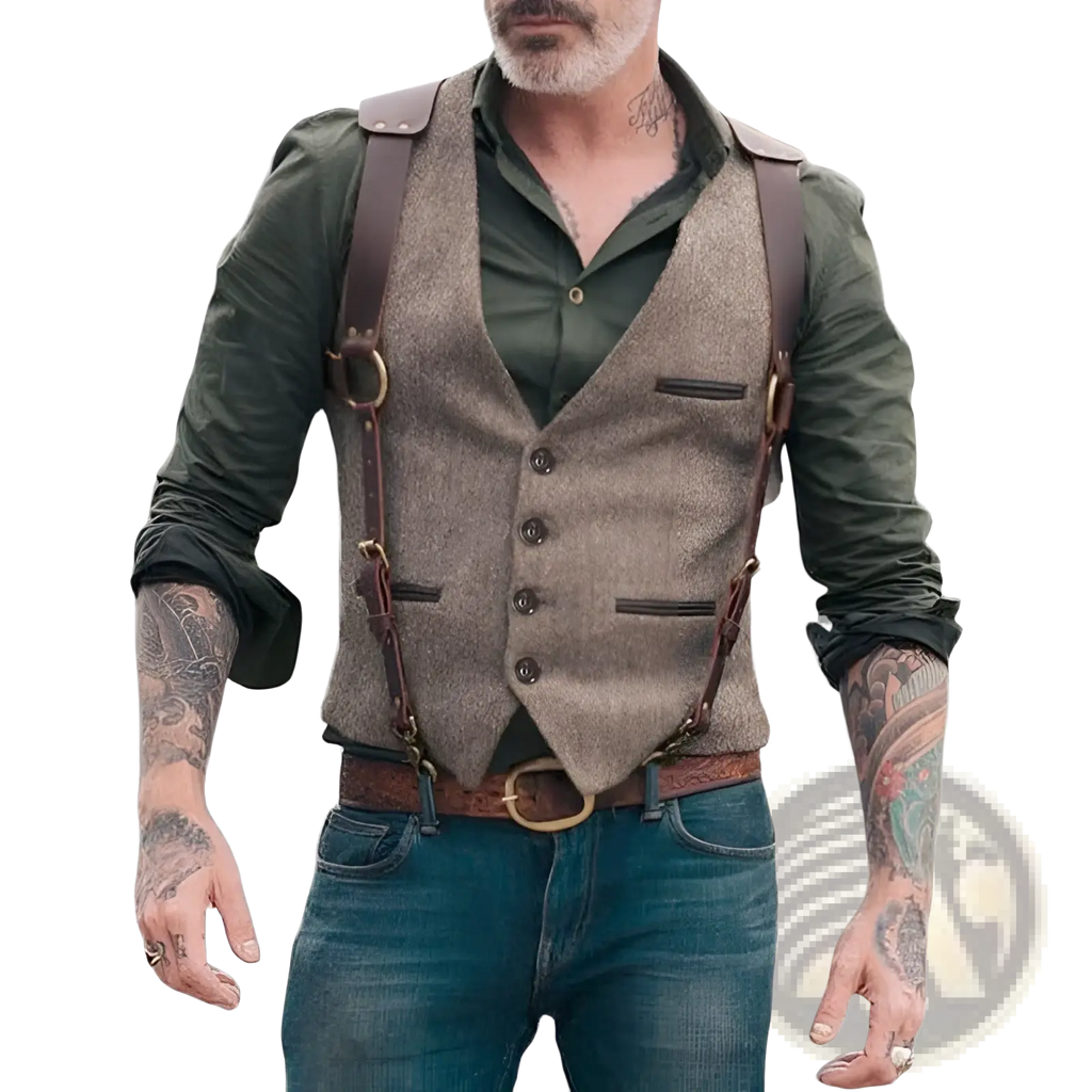 Men’s tweed slim fit business casual vest with brown leather straps textured fabric dark brown buttons and flap pockets
