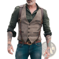 Men’s tweed slim fit business casual vest with brown leather straps textured fabric dark brown buttons and flap pockets
