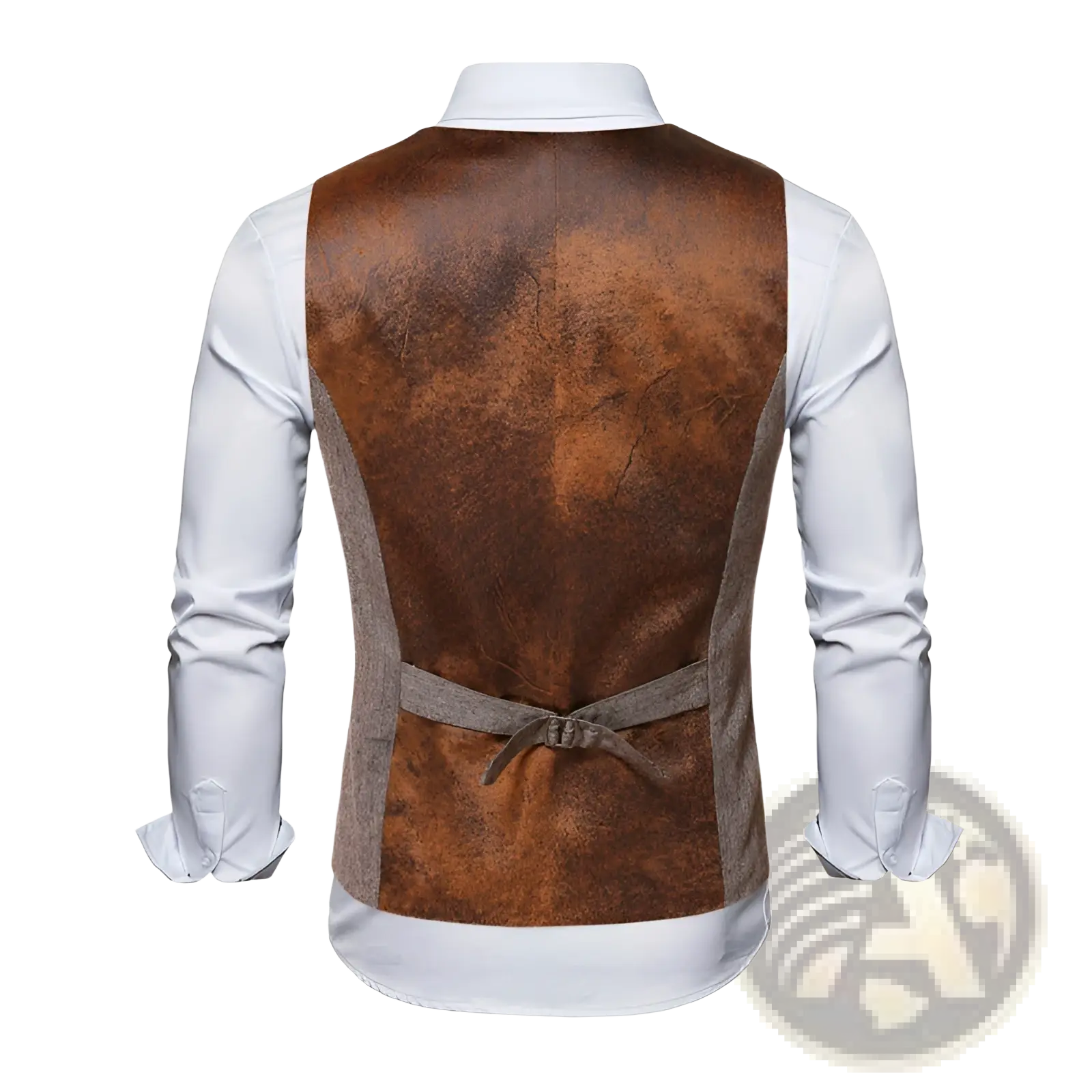 Men’s tweed slim fit business casual vest in brown distressed leather with gray textured side panels and matching belt tie