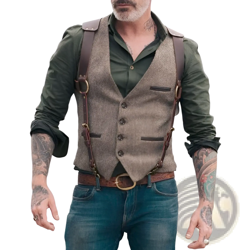 Men’s tweed slim fit business casual vest in brown textured wool with leather straps and brass hardware