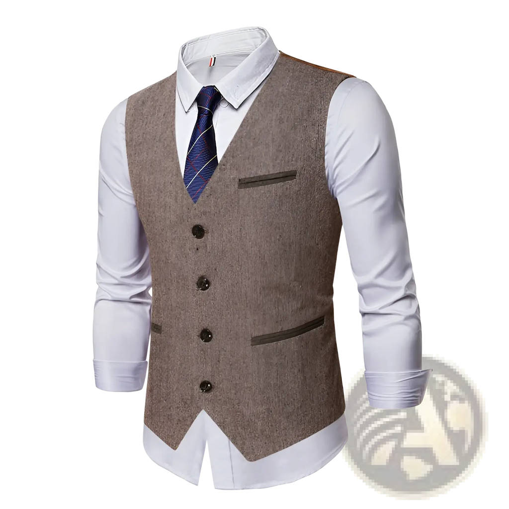 Men’s tweed slim fit business casual vest in brown textured wool with dark brown button closures and pocket trim