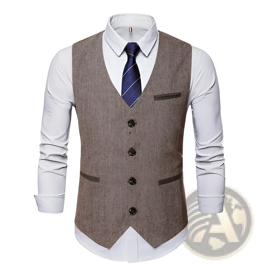 Men’s tweed slim fit business casual vest in brown textured wool with dark brown button closures and matching pocket trim
