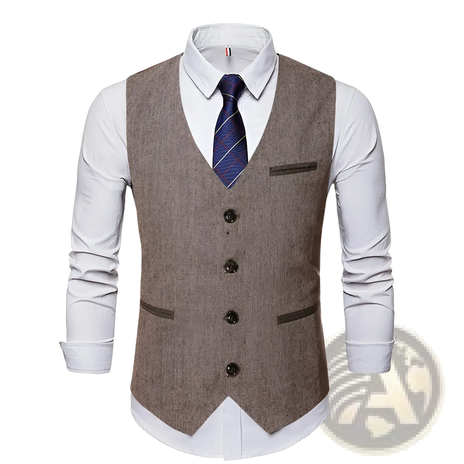 Men’s tweed slim fit business casual vest in brown textured wool with dark brown button closures and matching pocket trim