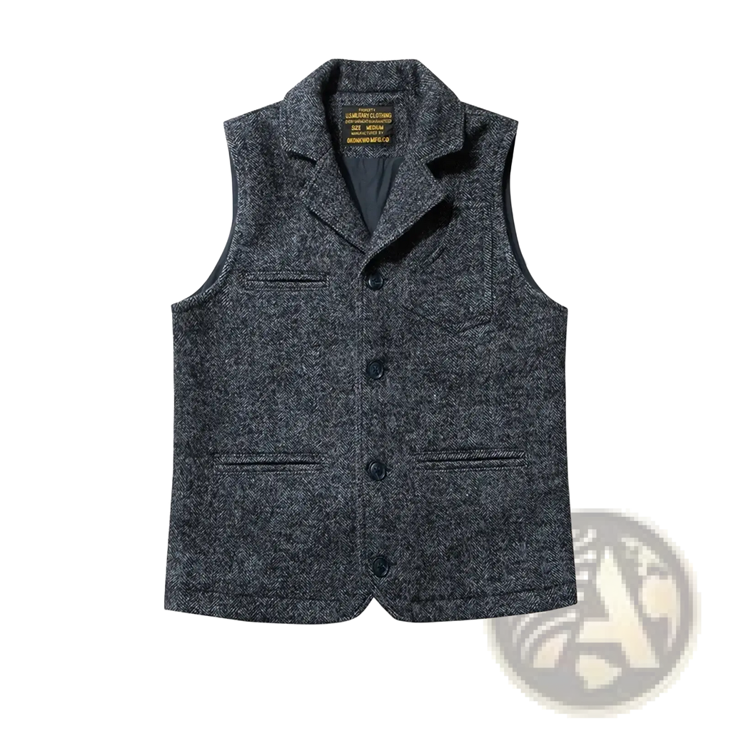 Men’s tweed wool vest in dark gray herringbone with black buttons and classic suit collar for winter wear