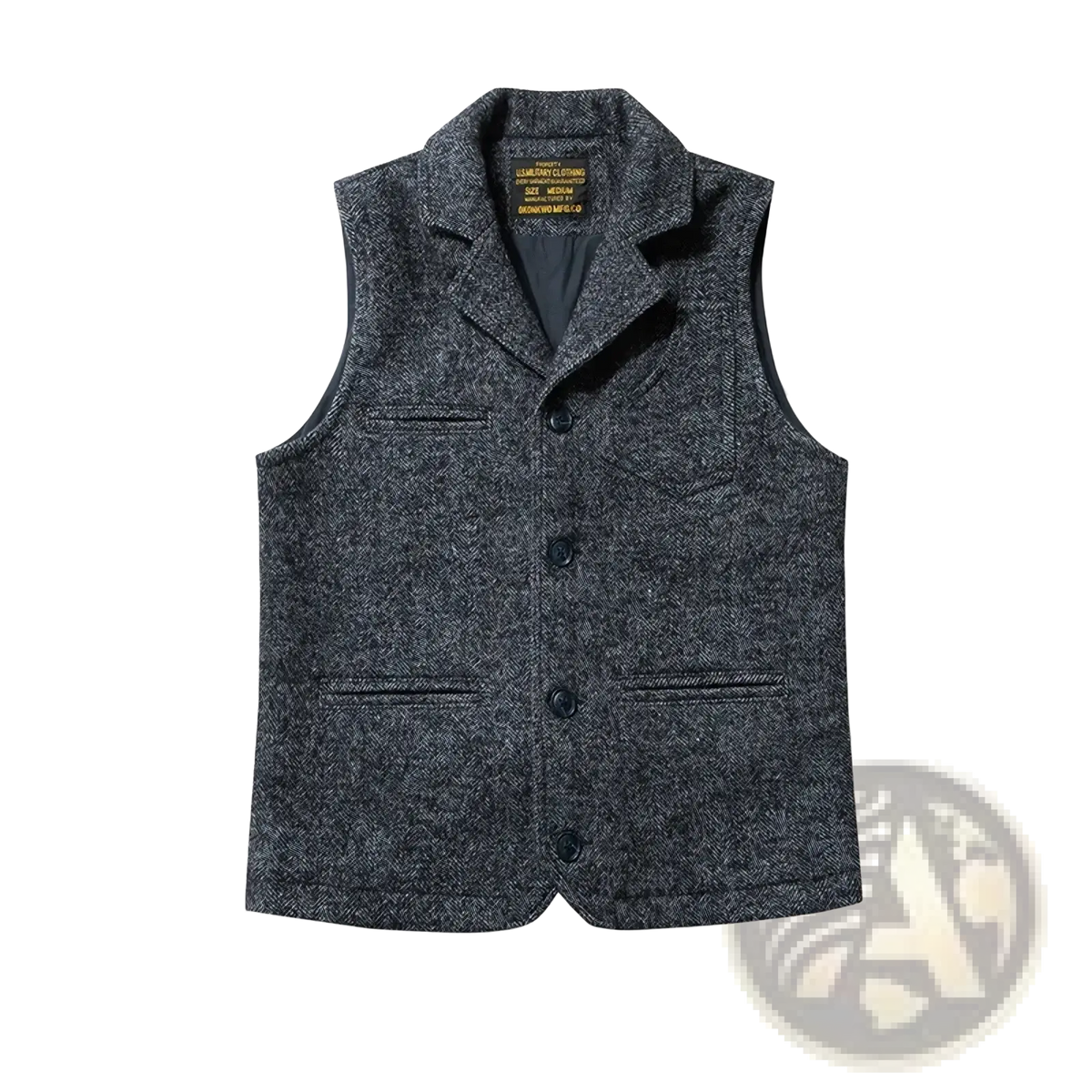 Men’s tweed wool vest in dark gray herringbone with black buttons and classic suit collar for winter wear