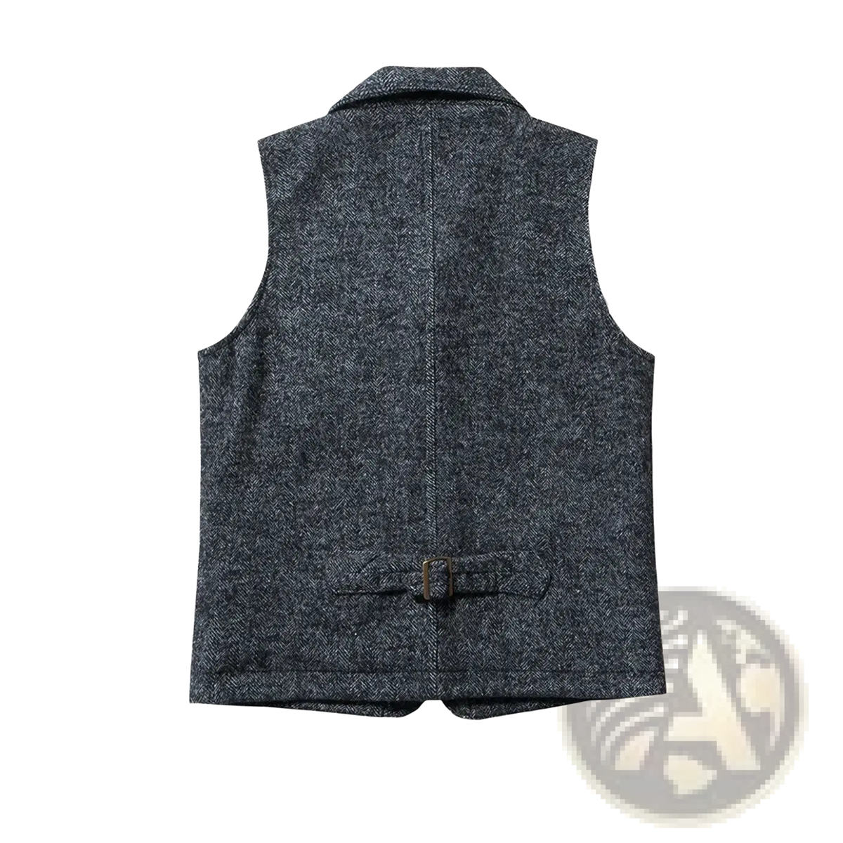 Dark gray herringbone wool vest with notched collar and belt buckle at back for men’s winter tweed suit