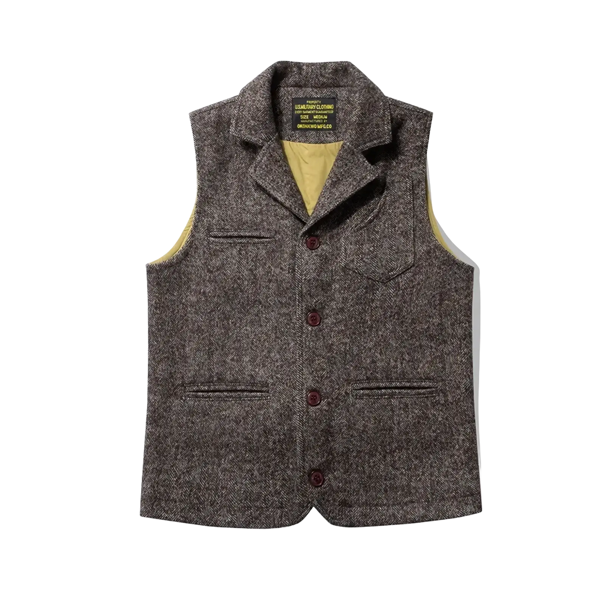 Men’s tweed wool vest in dark gray herringbone with notched collar, button closure, and flap pockets for winter wear