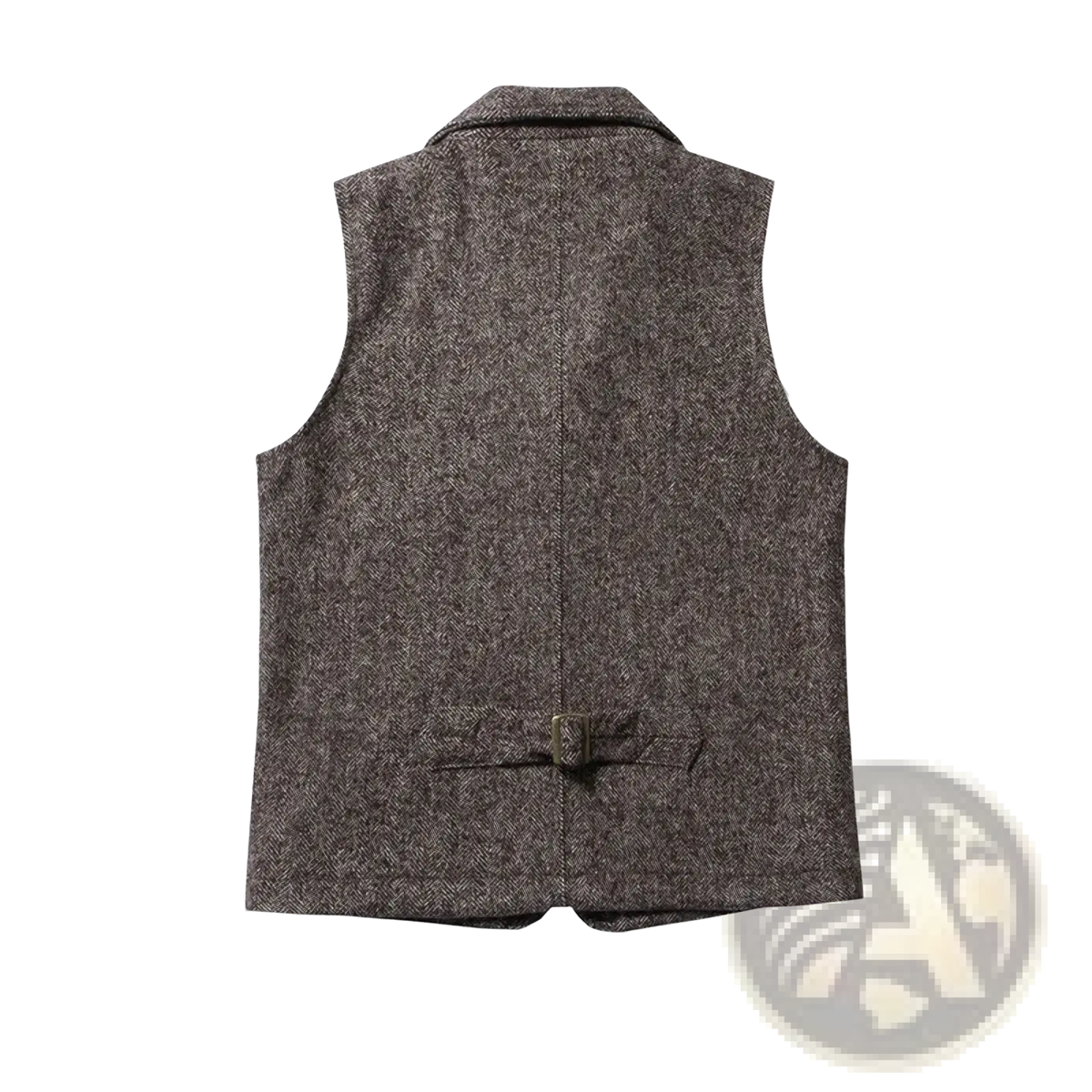 Dark gray herringbone wool tweed vest for men with winter suit collar and single button closure shown from back side