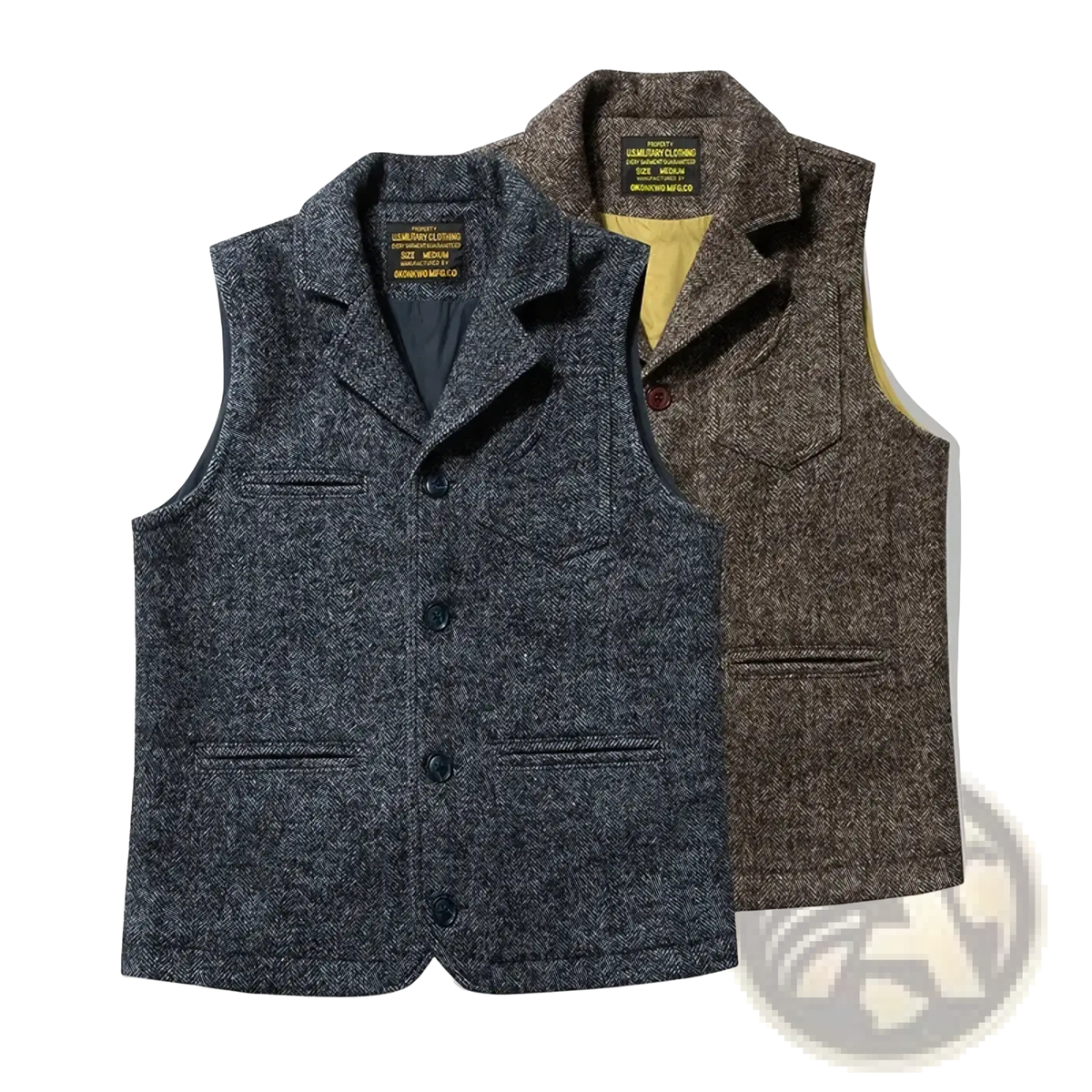 Men’s tweed wool vest with dark gray and brown herringbone pattern black buttons and winter suit collar