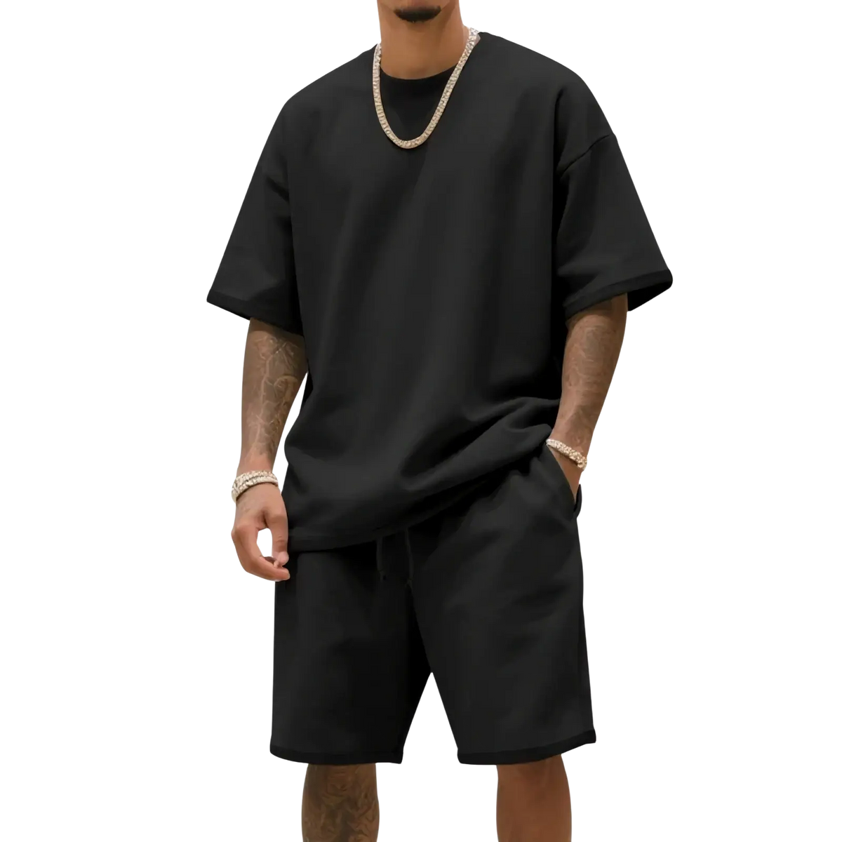Black oversized cotton t-shirt with relaxed fit and short sleeves from mens two piece summer casual outfit set