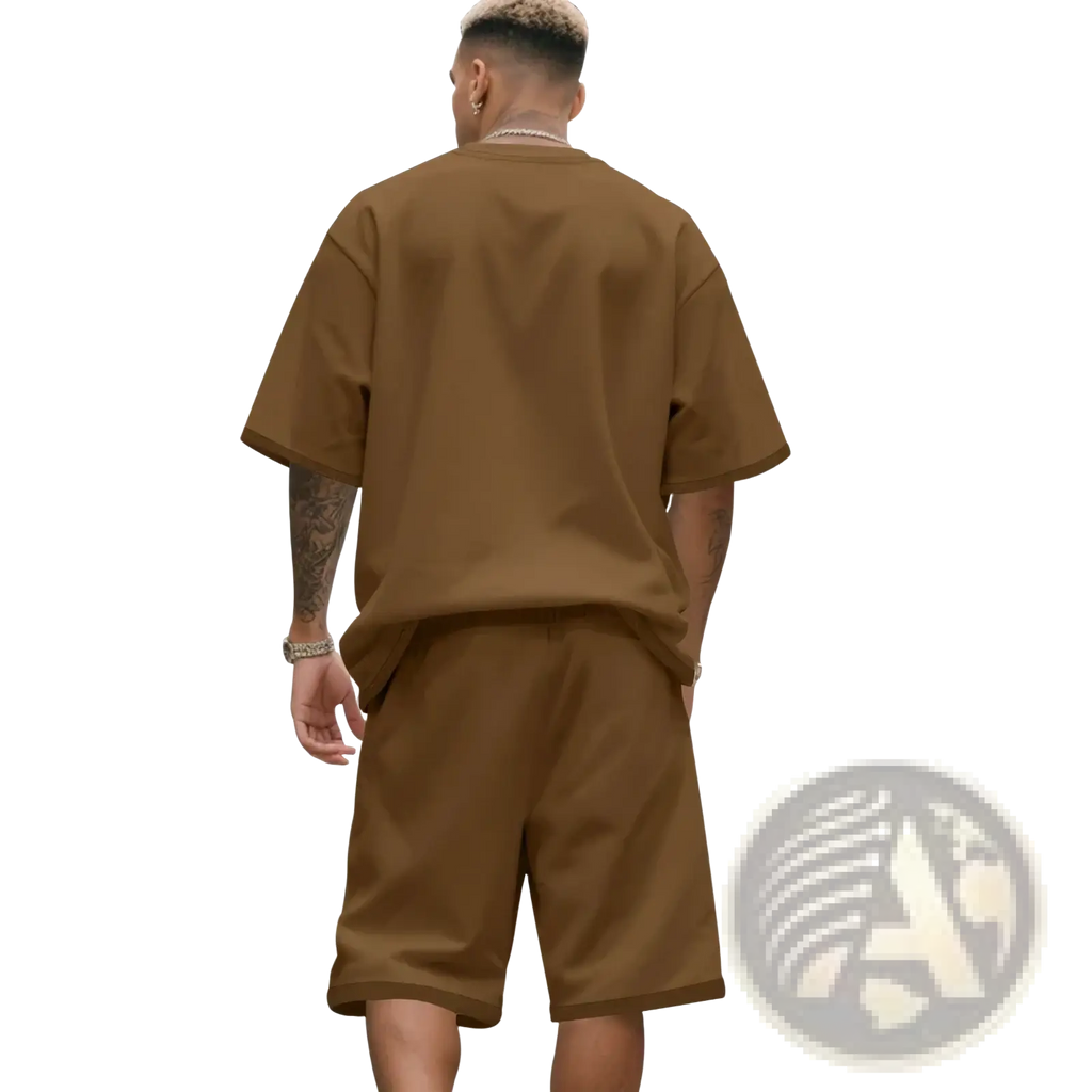 Mens two piece summer outfit featuring a brown oversized short-sleeved t shirt and matching soft cotton blend shorts