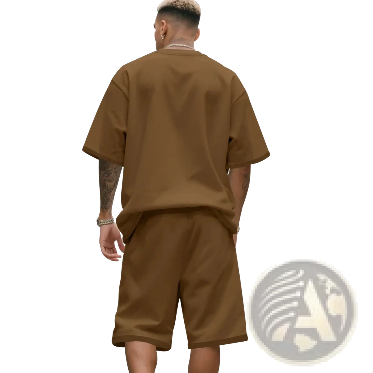 Mens two piece summer outfit featuring a brown oversized short-sleeved t shirt and matching soft cotton blend shorts