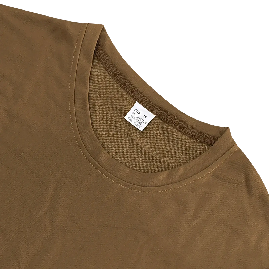 Mens two piece summer outfit casual brown cotton t shirt with soft textured collar and white care label inside neckline