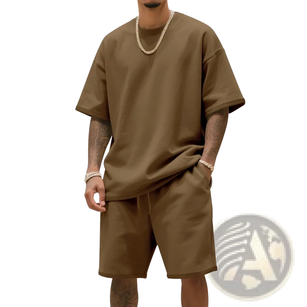 Mens olive green oversized cotton t shirt with relaxed fit and short sleeves from a casual summer two piece set
