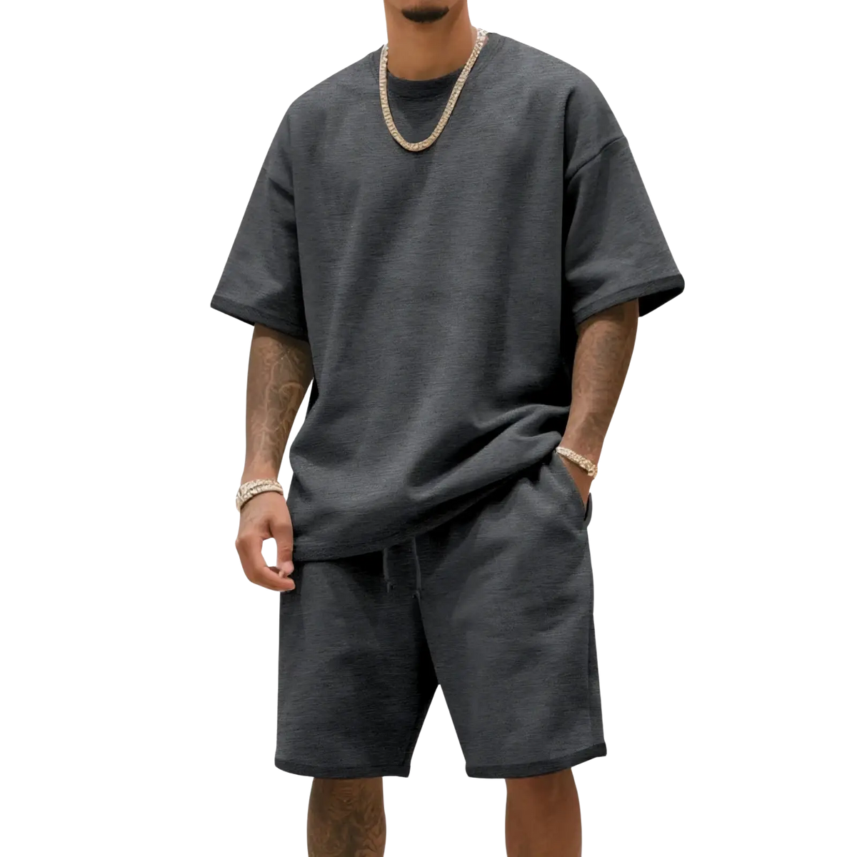 Mens two piece summer outfit casual dark gray oversized cotton t shirt with a relaxed fit and short sleeves