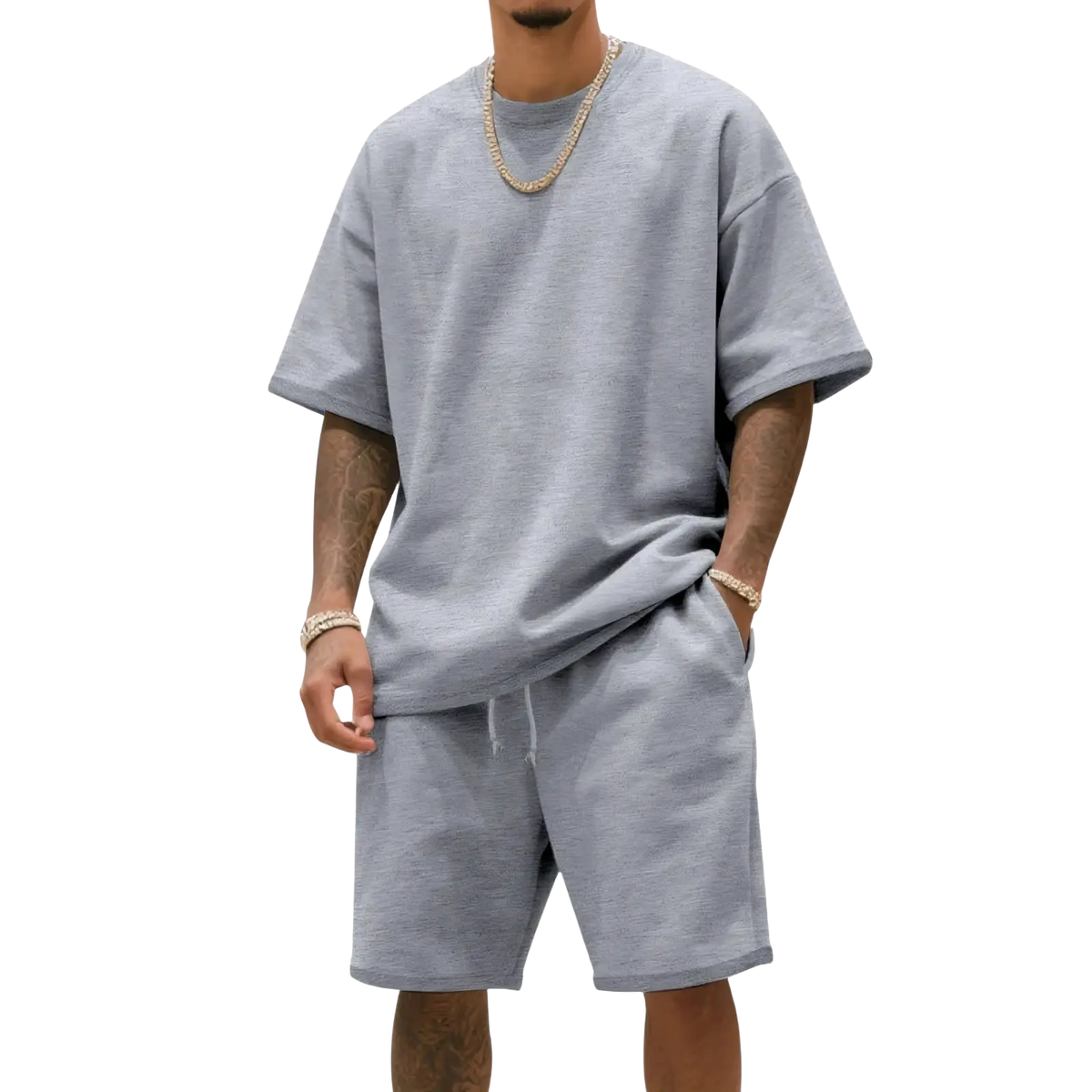Gray heathered cotton mens casual t shirt with relaxed fit and short sleeves from two piece summer outfit set