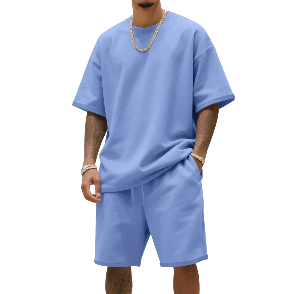 Light blue oversized cotton mens t shirt with relaxed fit and short sleeves from two piece summer outfit set