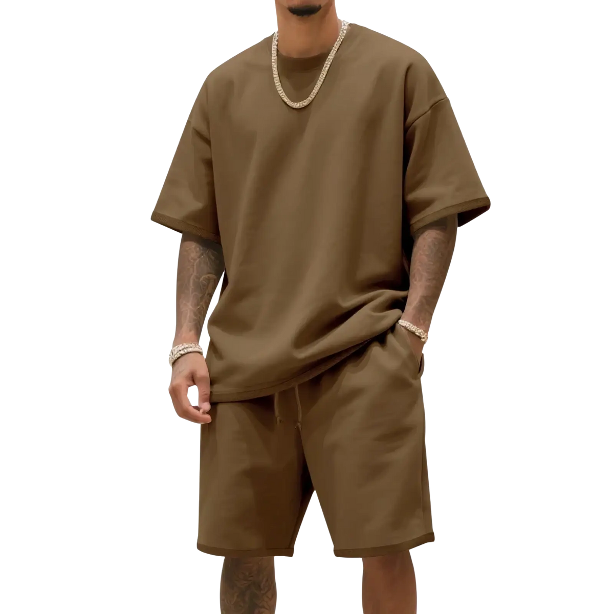 Mens olive green oversized cotton t shirt with relaxed fit and short sleeves from a casual summer two piece set