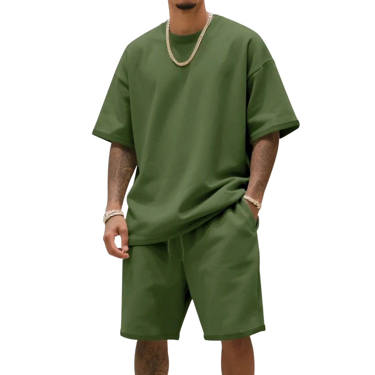 Mens two piece summer outfit olive green oversized cotton t shirt with relaxed fit and short sleeves front view