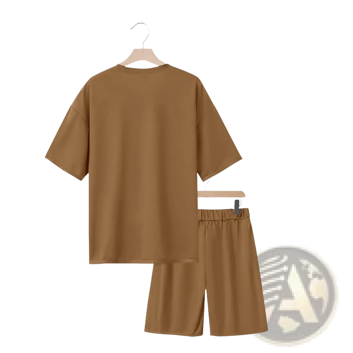 Tan cotton mens two piece summer outfit featuring a loose short-sleeved top and elastic waistband shorts