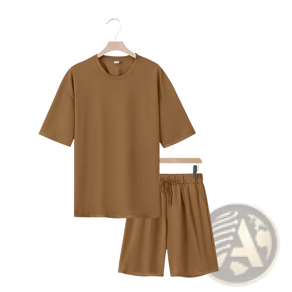 Mens two piece summer outfit casual t shirt and shorts set tan cotton pajama set with relaxed fit top and drawstring shorts