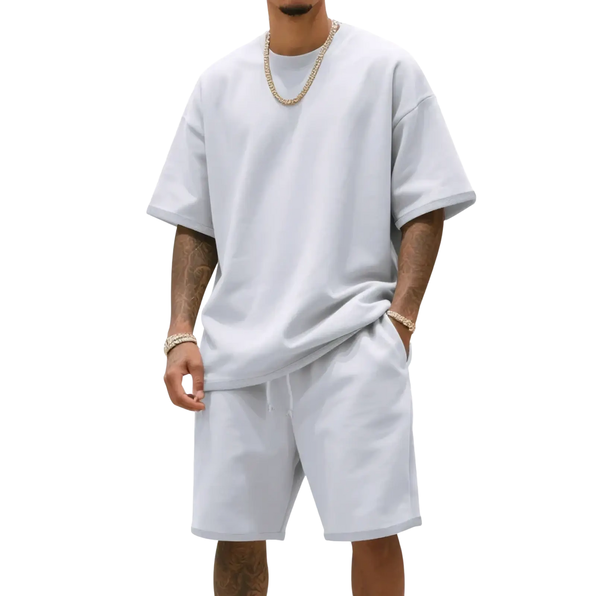 White oversized cotton t-shirt with relaxed fit and short sleeves from mens two piece summer casual t shirt and shorts set