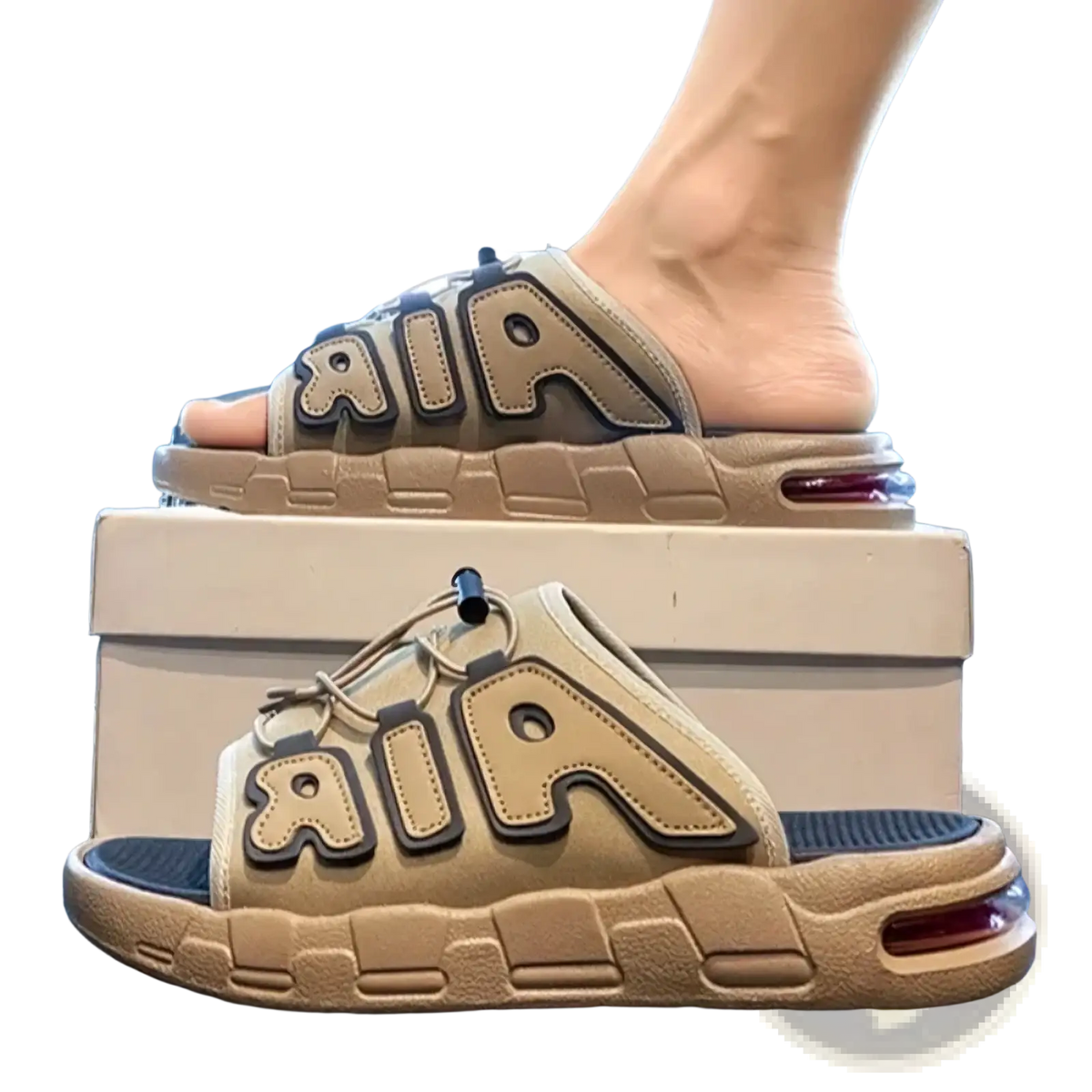 Beige Nike air slide sandals with black trimmed air lettering and visible air cushion in sole for men’s ultra soft anti slip use