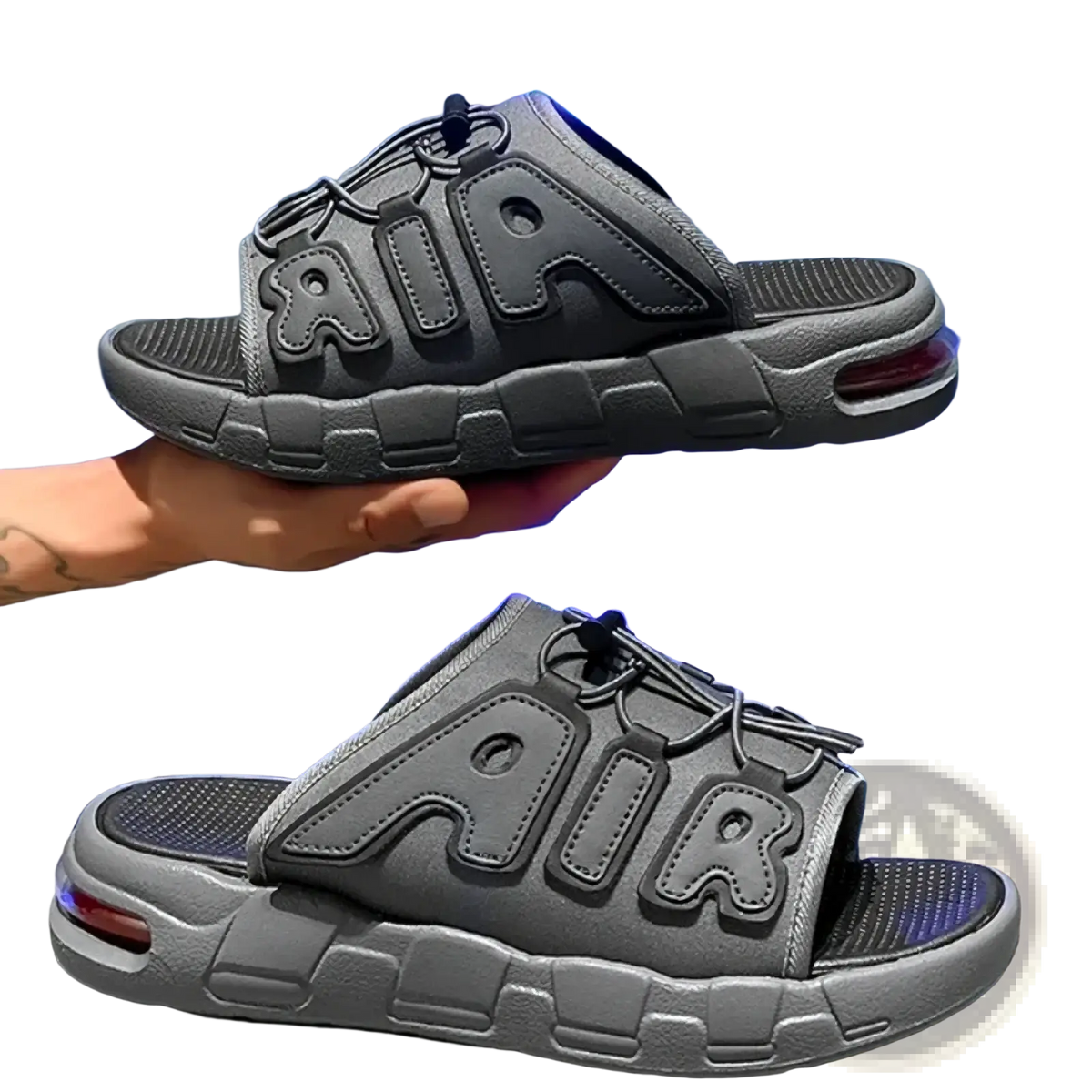 Gray Nike air slide sandals with textured upper and visible air cushioning in heel for men’s ultra soft anti slip comfort