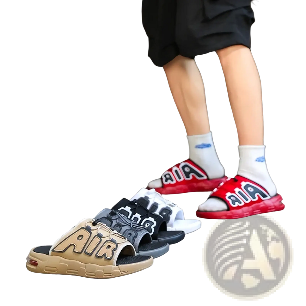 Men’s ultra soft anti slip slide sandals in red and black with bold air lettering on the footbed