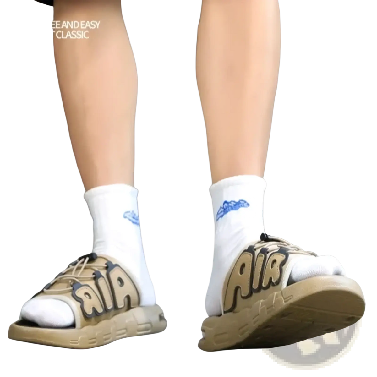 Men’s ultra soft anti slip slide sandals in tan and beige with dark brown bold air lettering and athletic design