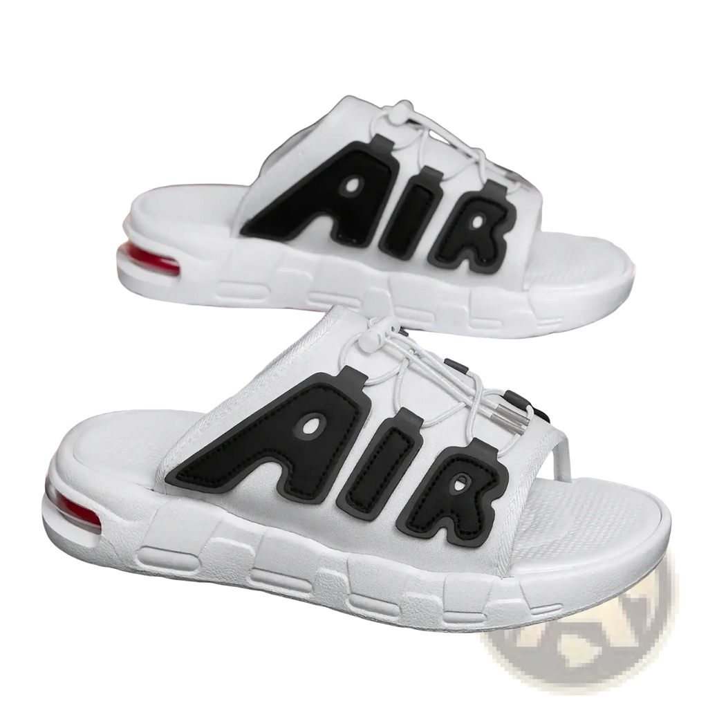 Men’s ultra soft white slide sandals with bold black air lettering and visible red air cushion for anti slip comfort