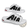 Men’s ultra soft white slide sandals with bold black air lettering and visible red air cushion for anti slip comfort