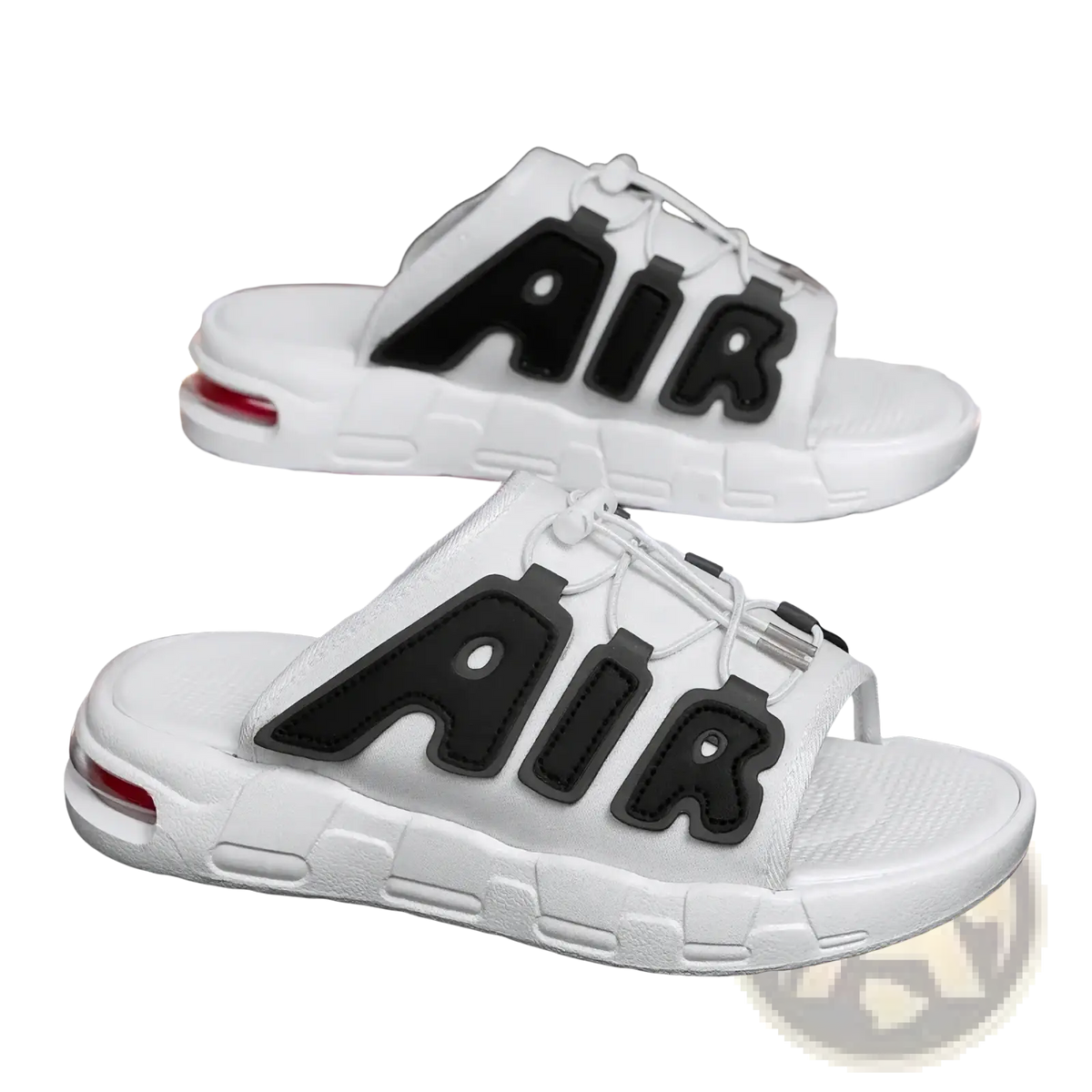 Men’s ultra soft white slide sandals with bold black air lettering and visible red air cushion for anti slip comfort
