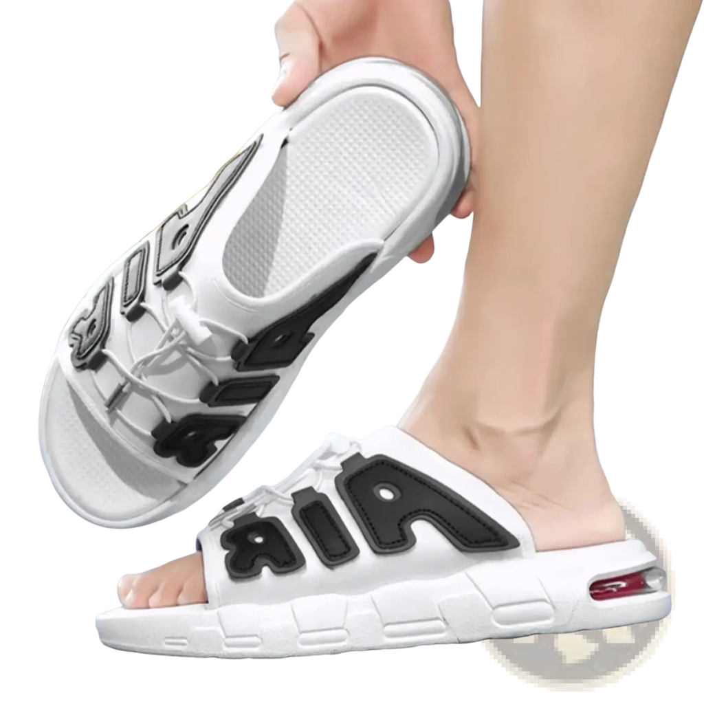 Men’s ultra soft anti slip slide sandals in white and black nike air design with cushioned sole and visible air unit