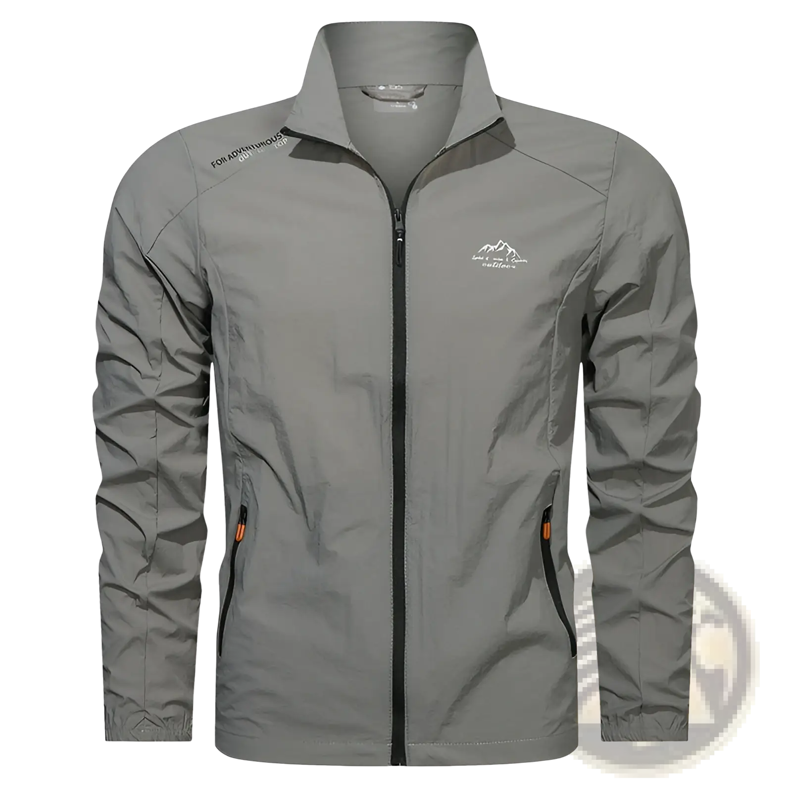 Men’s ultrathin sun protective gray lightweight zip-up sports jacket with black zipper and orange pull tabs, mountain logo