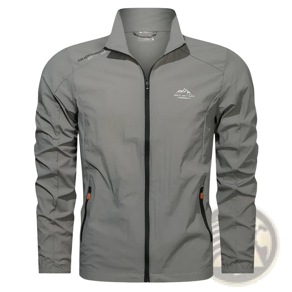 Men’s ultrathin sun protective sports jacket gray lightweight zip-up with black zipper orange pocket tabs and mountain logo