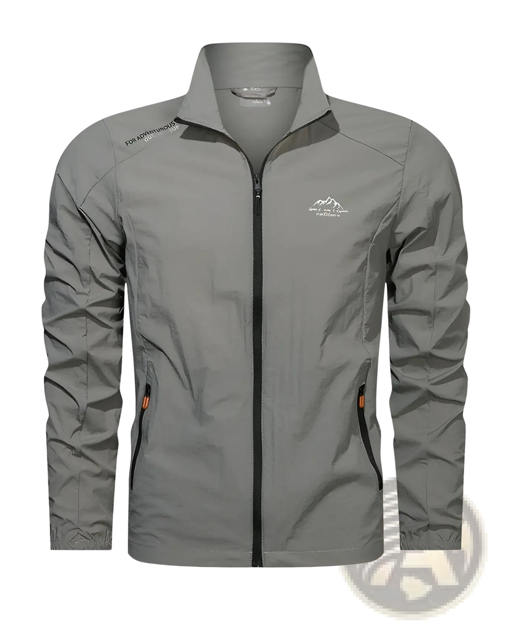 Men’s grey ultrathin sun protective sports jacket with orange zipper pulls and subtle mountain logo on chest