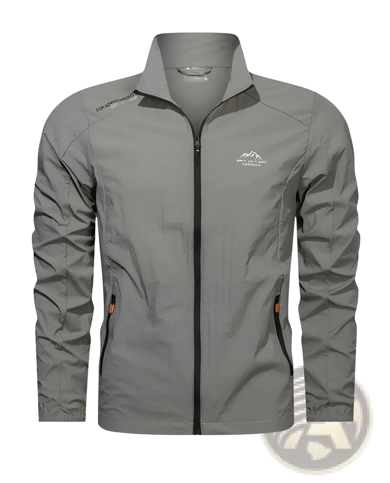 Men’s grey ultrathin sun protective sports jacket with orange zipper pulls and subtle mountain logo on chest