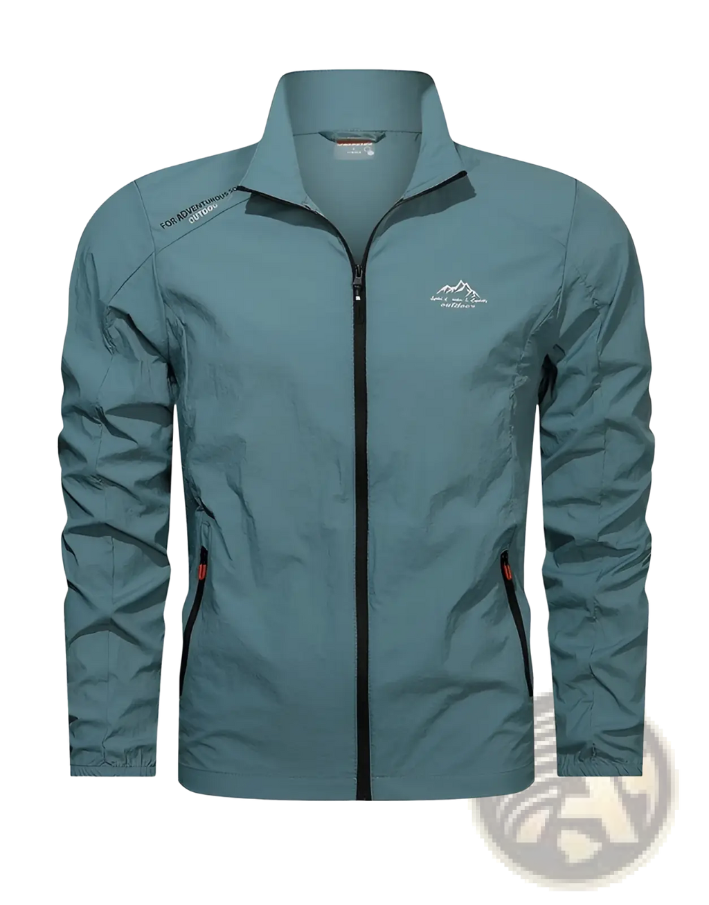 Men’s ultrathin sun protective sports jacket in haze blue lightweight fabric with subtle mountain logo and red zipper pulls