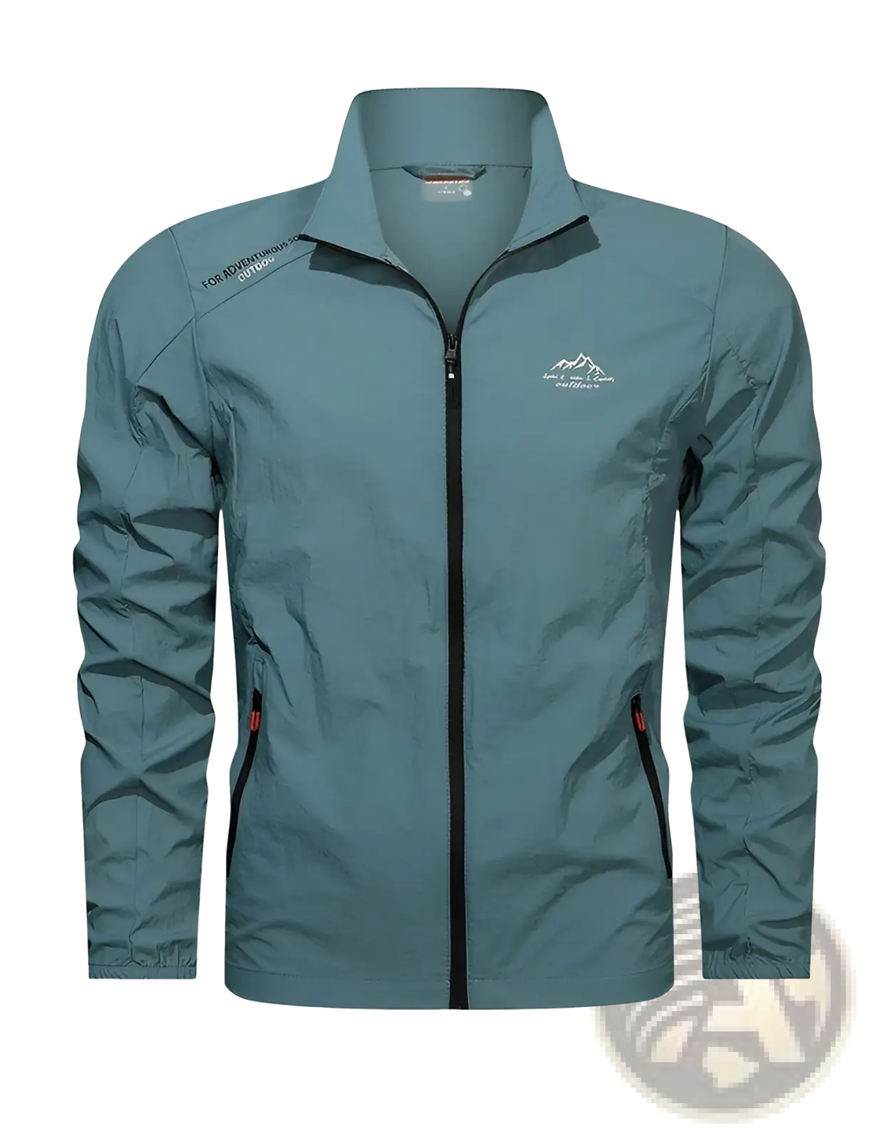 Men’s ultrathin sun protective sports jacket in haze blue lightweight fabric with subtle mountain logo and red zipper pulls