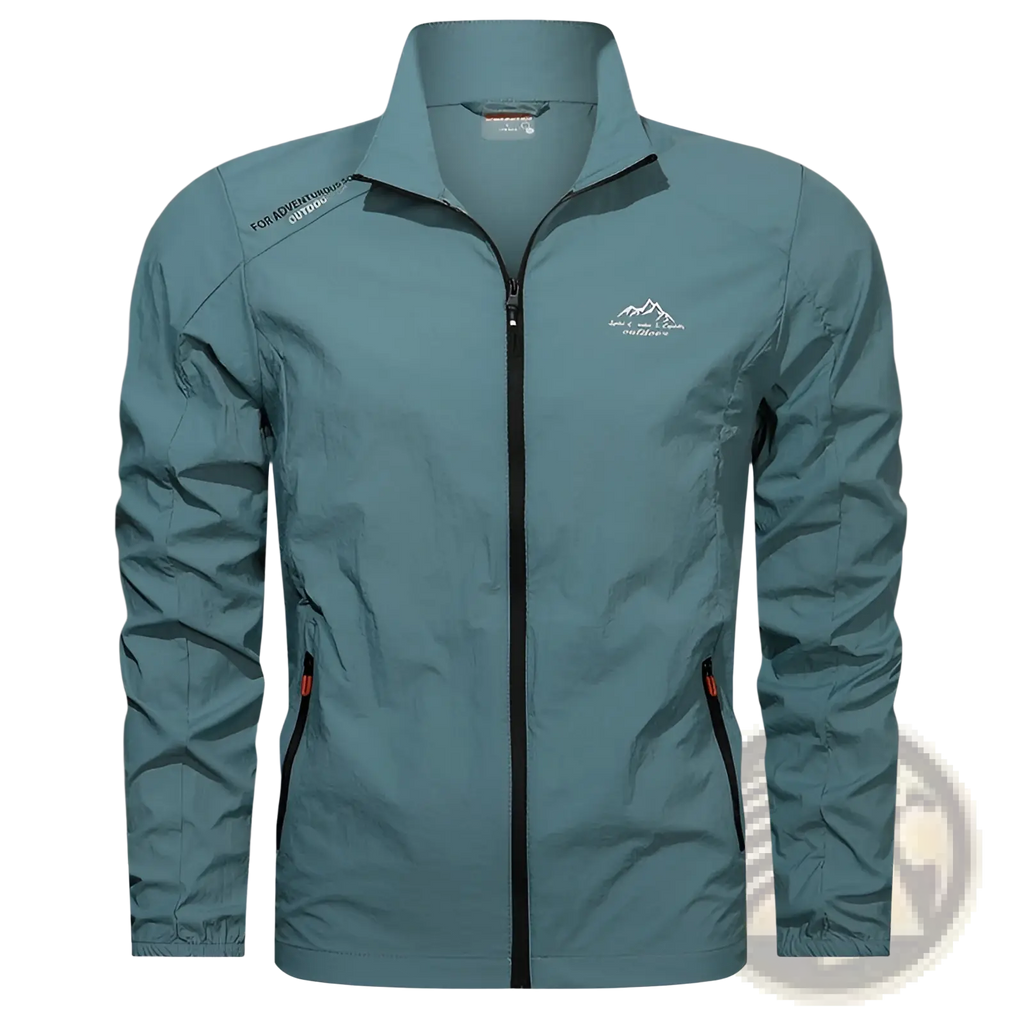 Men’s ultrathin sun protective sports jacket in teal lightweight fabric with black zipper and orange pull tabs