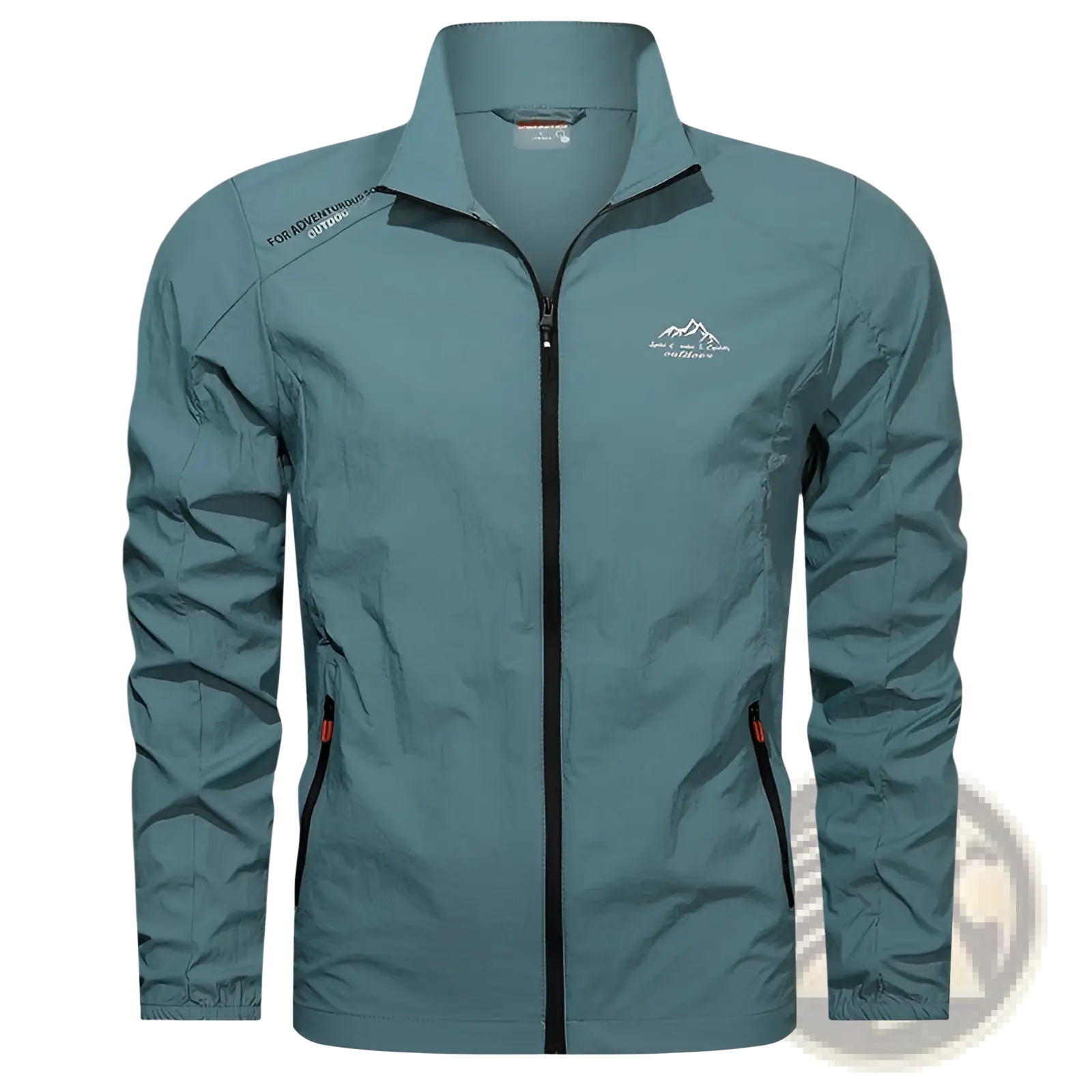 Men’s ultrathin sun protective sports jacket in teal lightweight fabric with black zipper and orange pull tabs