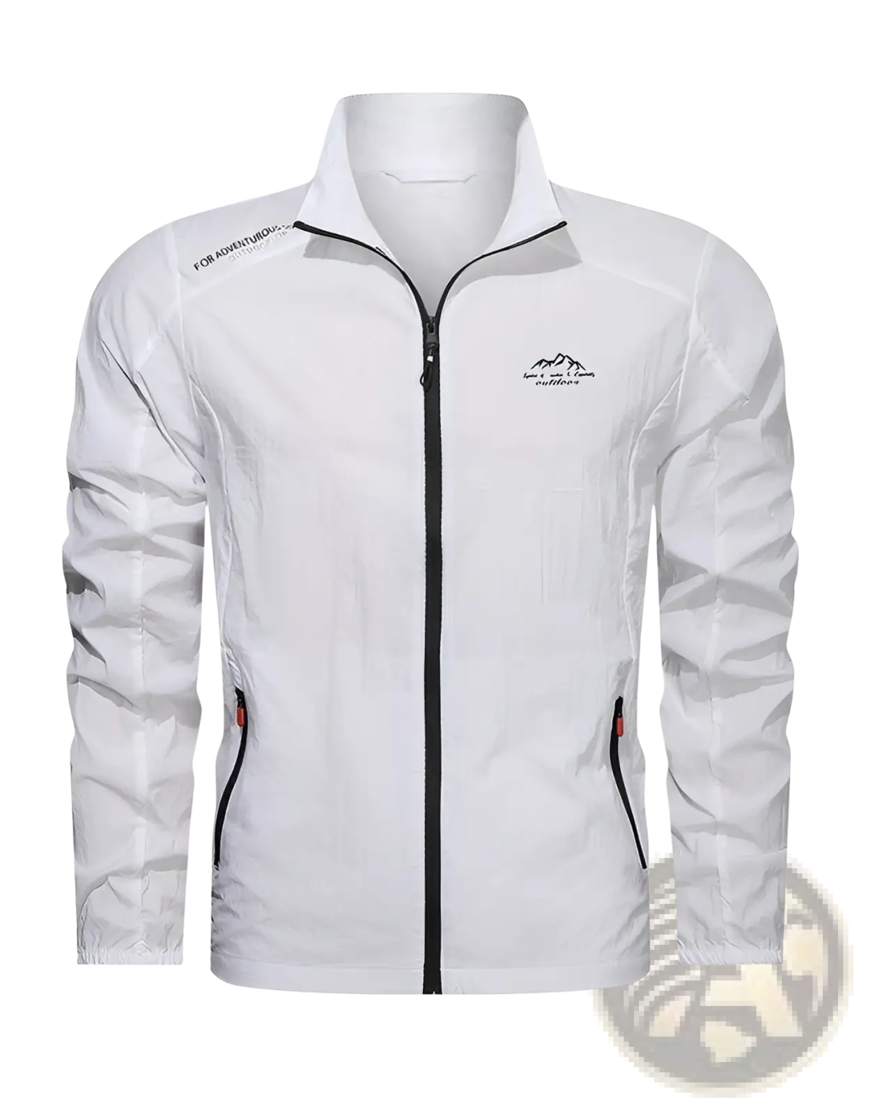 Men’s ultrathin white sun protective sports jacket with black zipper and subtle mountain logo on the chest