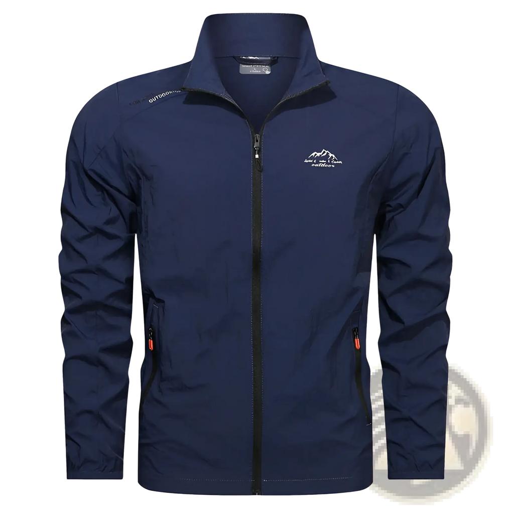 Navy blue men’s ultrathin sun protective sports jacket with black zipper and red pull tabs on side pockets