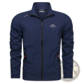 Navy blue men’s ultrathin sun protective sports jacket with black zipper and red pull tabs on side pockets