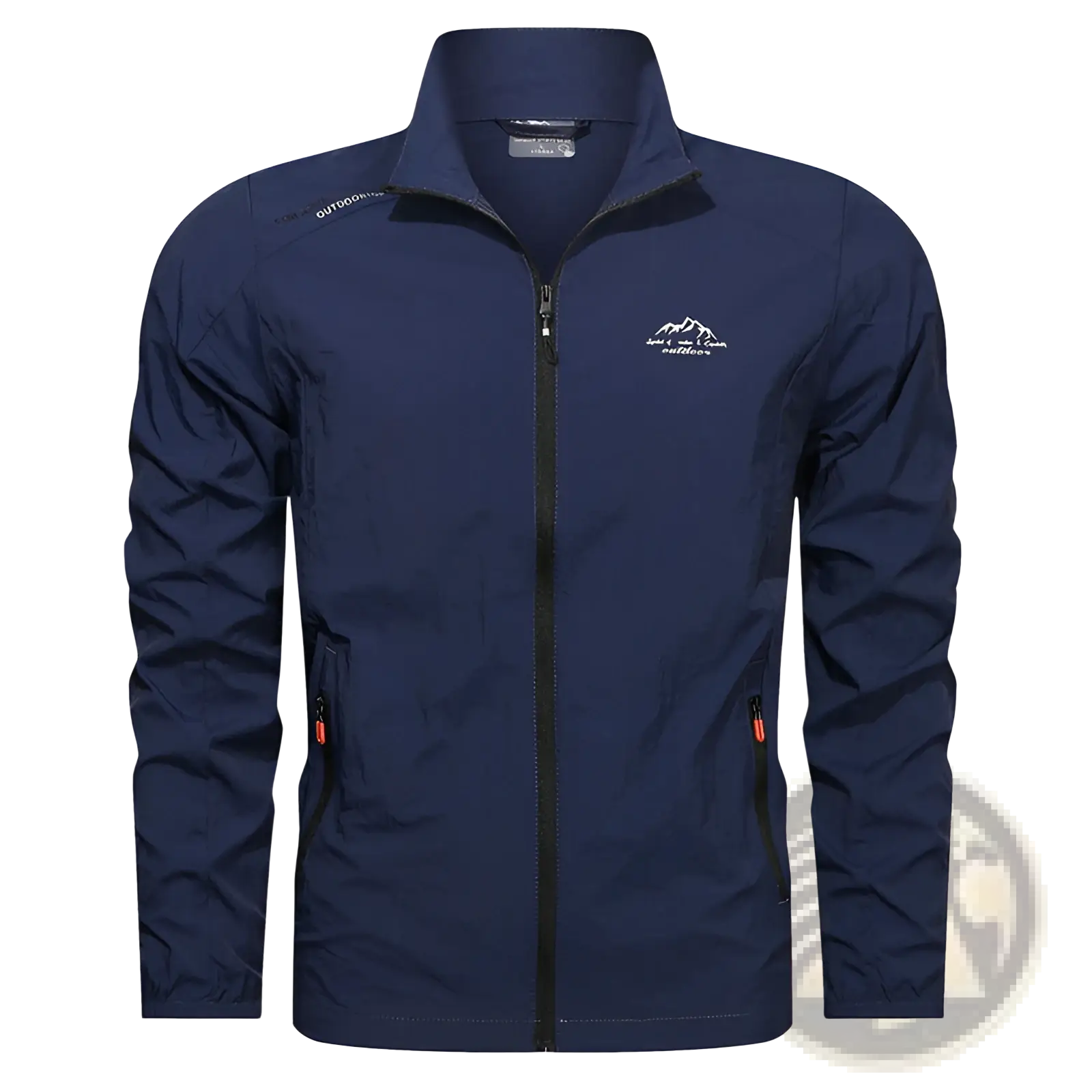 Navy blue men’s ultrathin sun protective sports jacket with black zipper and red pull tabs on side pockets