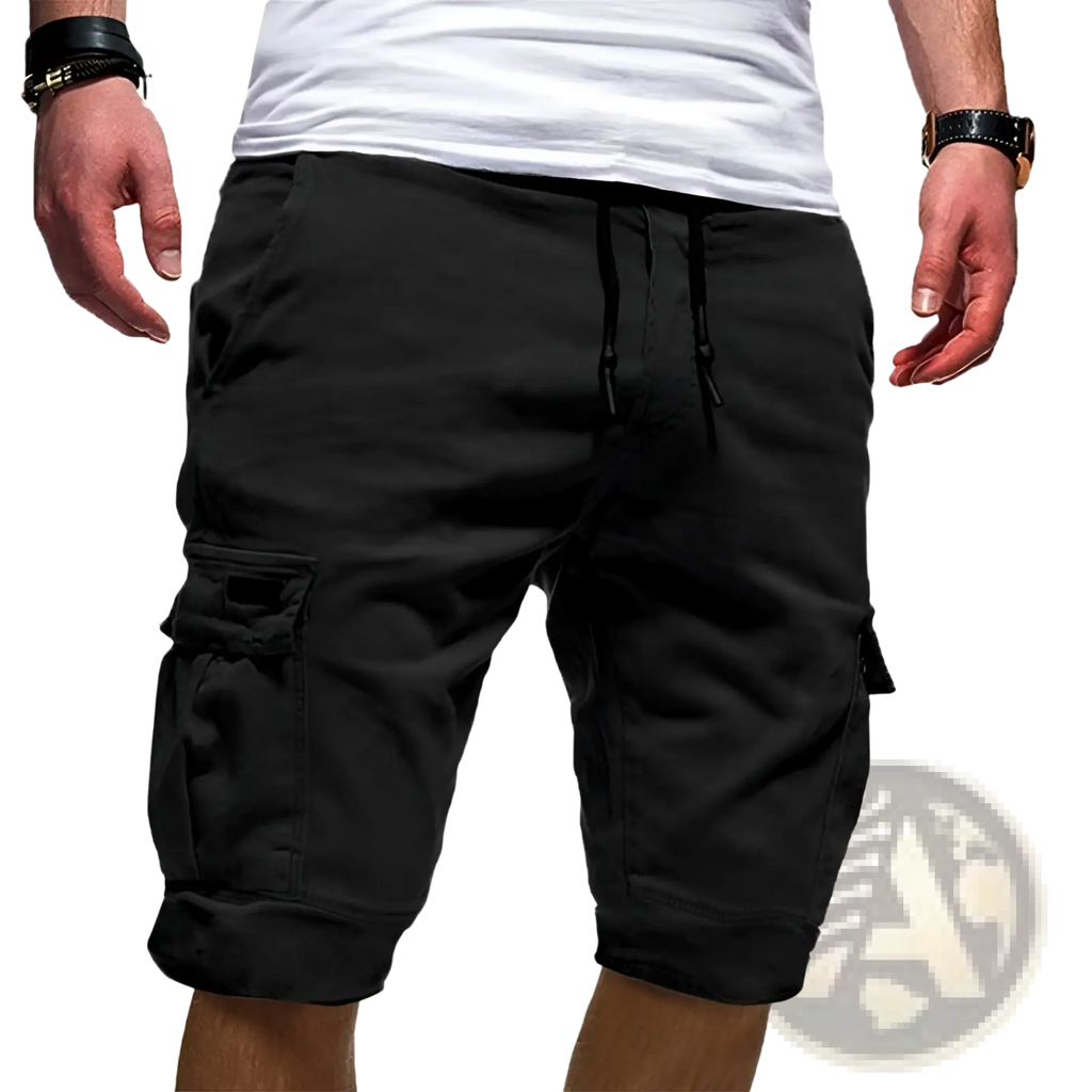 Men’s urban cargo jogger shorts in black featuring multiple pockets and a drawstring waistband for comfort