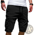 Men’s urban cargo jogger shorts in black featuring multiple pockets and a drawstring waistband for comfort