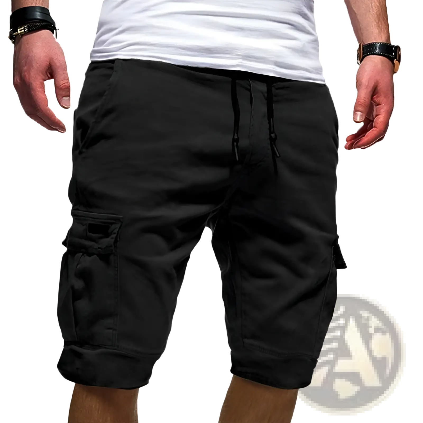 Men’s urban cargo jogger shorts in black featuring multiple pockets and a drawstring waistband for comfort